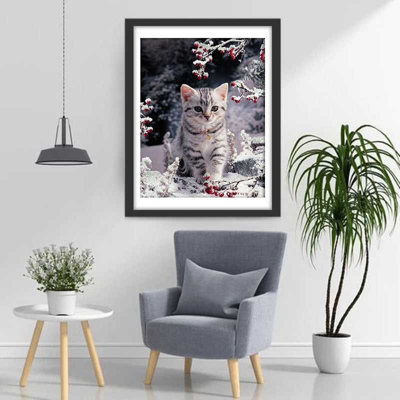 Chat dans la Neige Broderie Diamant