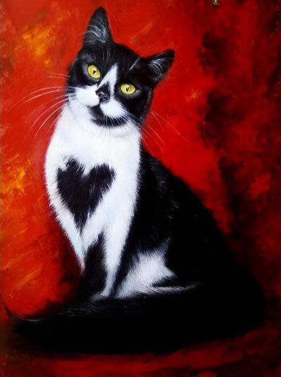 Chat de Cœur Noir et Blanc Broderie Diamant