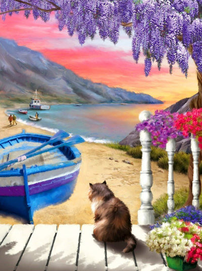 Chat et Bateau en Bois Broderie Diamant