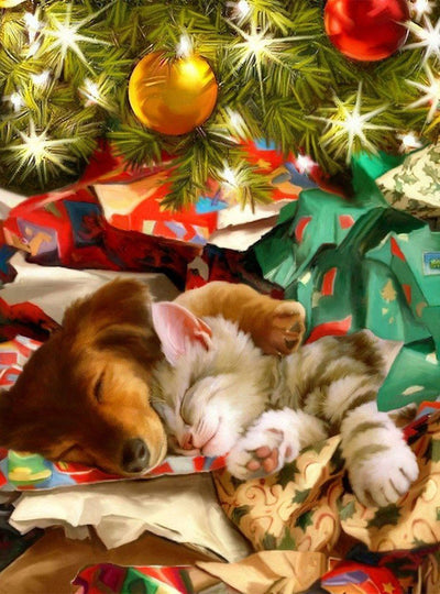 Chat et Chiens Dormant Ensemble Broderie Diamant