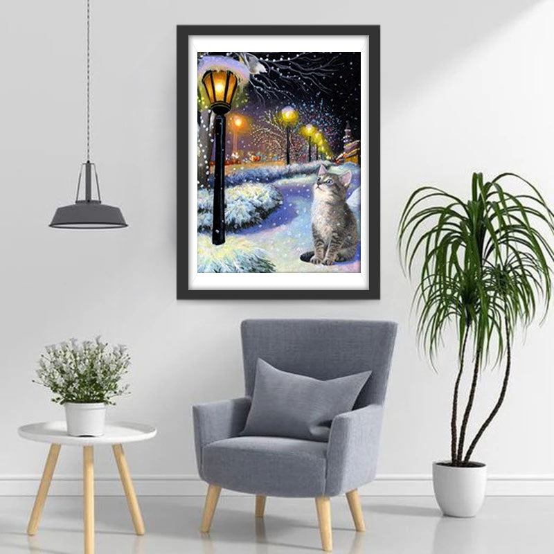 Chat et Lampadaire Broderie Diamant