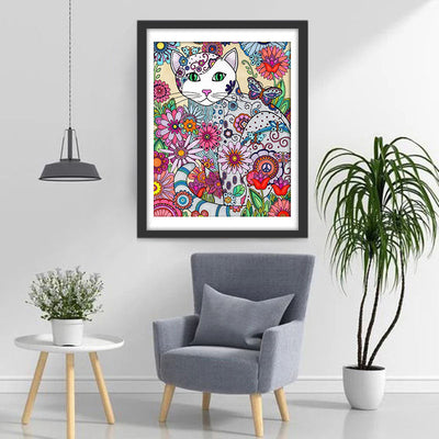 Chat et le Monde des Fleurs Broderie Diamant