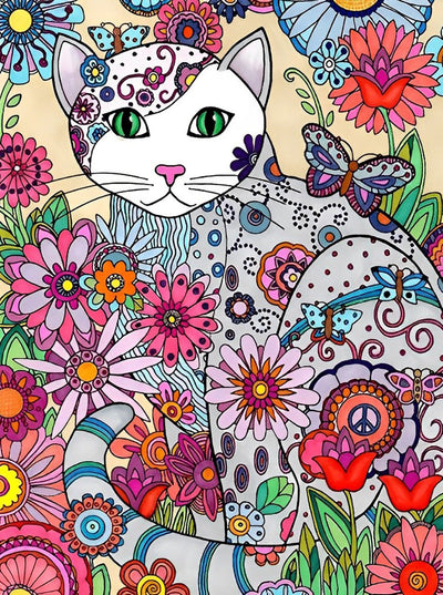 Chat et le Monde des Fleurs Broderie Diamant