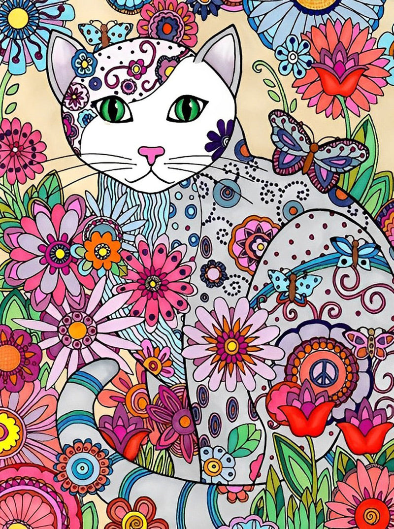 Chat et le Monde des Fleurs Broderie Diamant