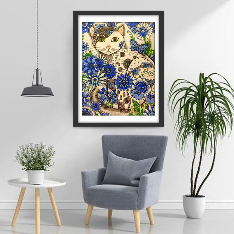 Chat et Marguerites Bleues Dessinés Broderie Diamant