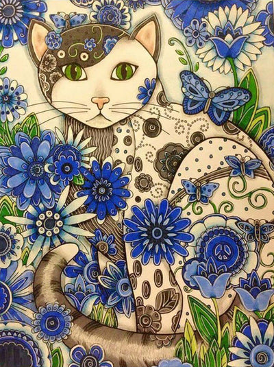 Chat et Marguerites Bleues Dessinés Broderie Diamant