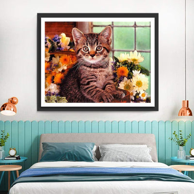 Chat et Marguerites Broderie Diamant