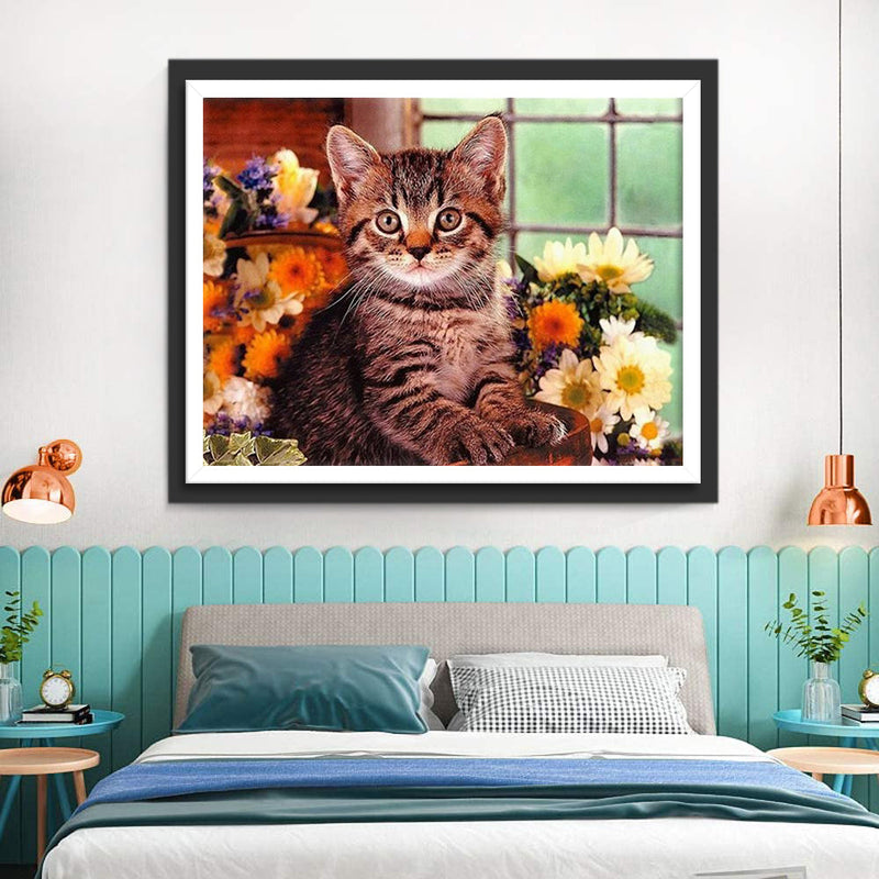Chat et Marguerites Broderie Diamant