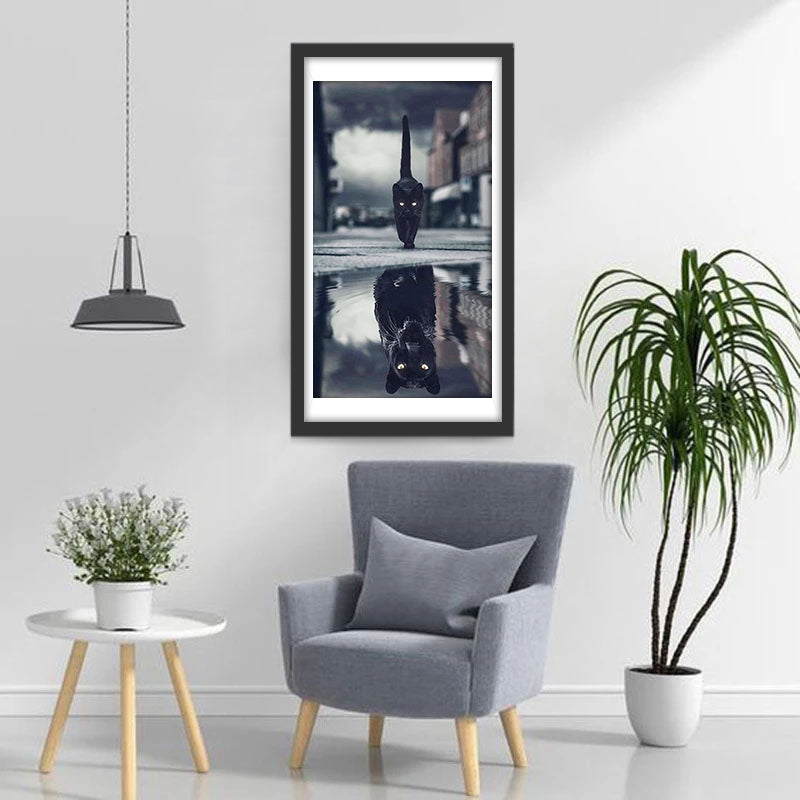 Chat et Panthère Noirs dans le Reflet Broderie Diamant