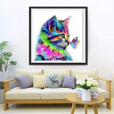Chat et Papillon Colorés Broderie Diamant