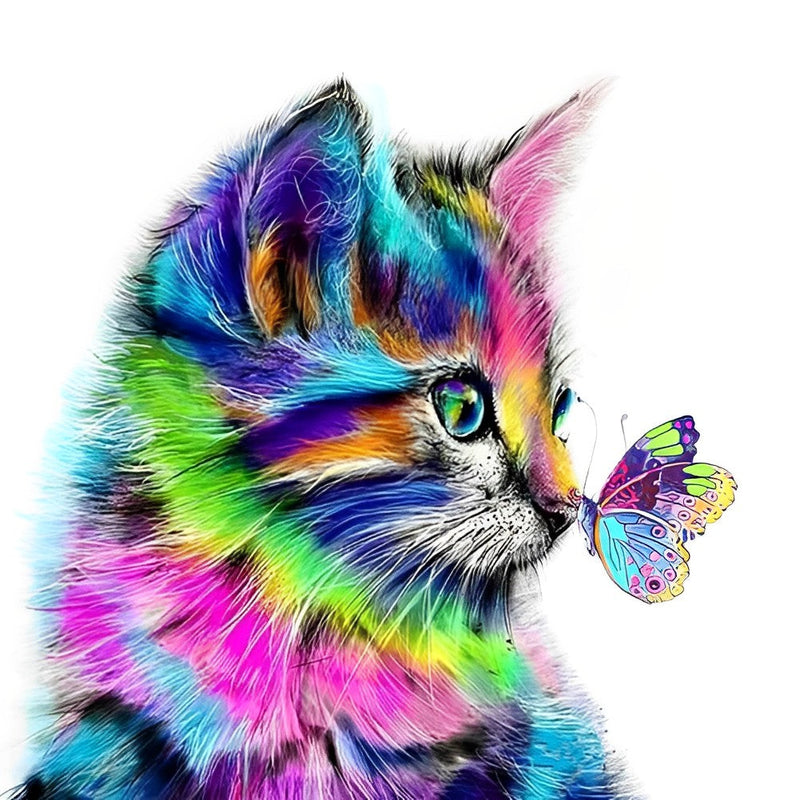 Chat et Papillon Colorés Broderie Diamant