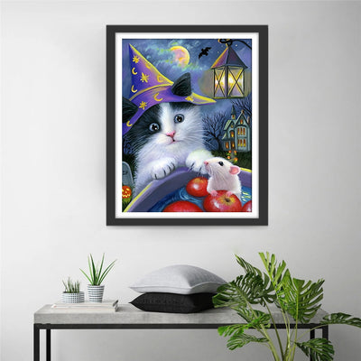 Chat et Petit Souris Blanc Broderie Diamant