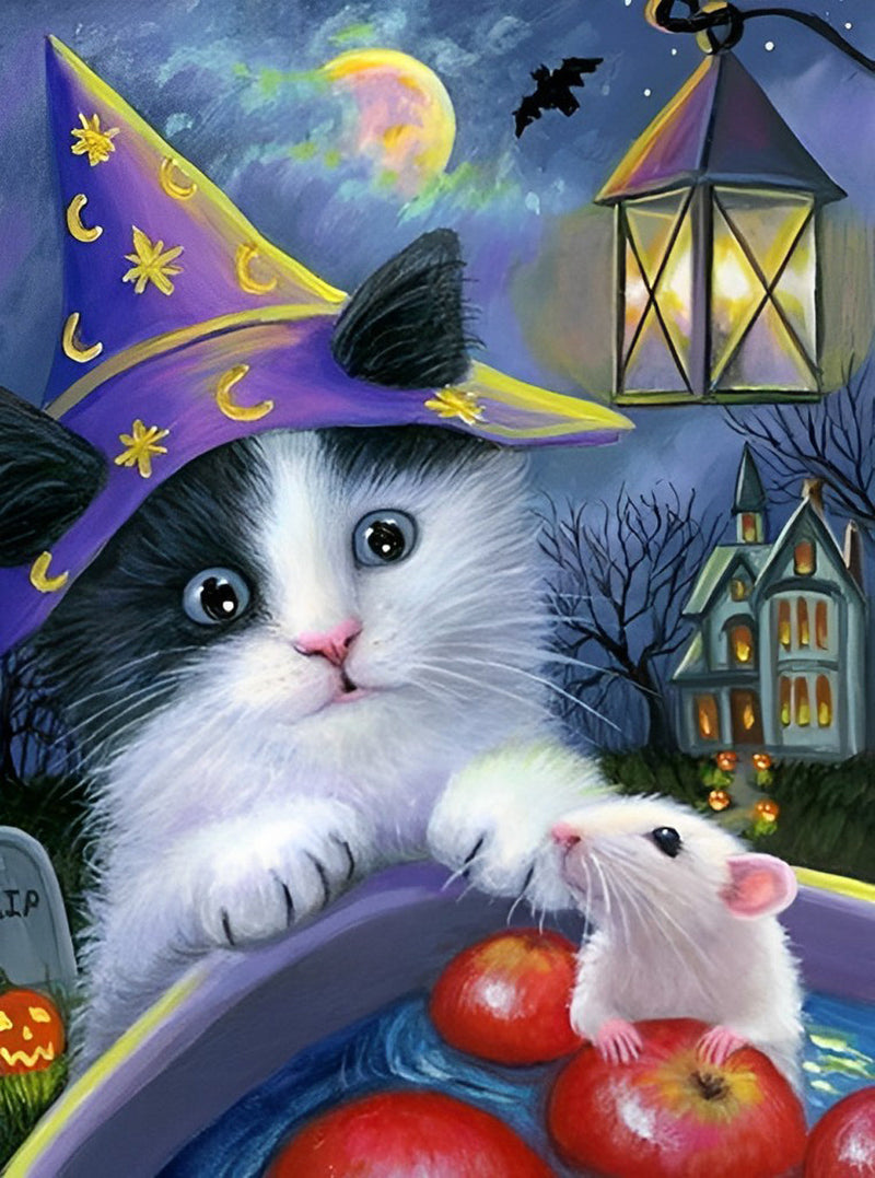 Chat et Petit Souris Blanc Broderie Diamant