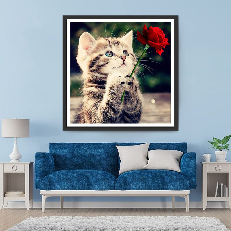 Chat et Rose Rouge Broderie Diamant