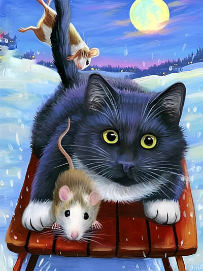 Chat et Souris avec Traineau Broderie Diamant