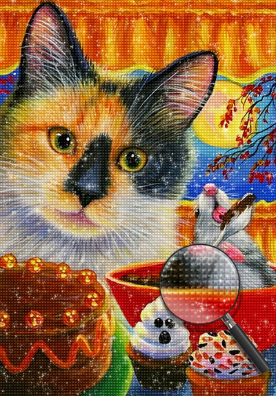 Chat et Souris Faisant des Desserts Broderie Diamant