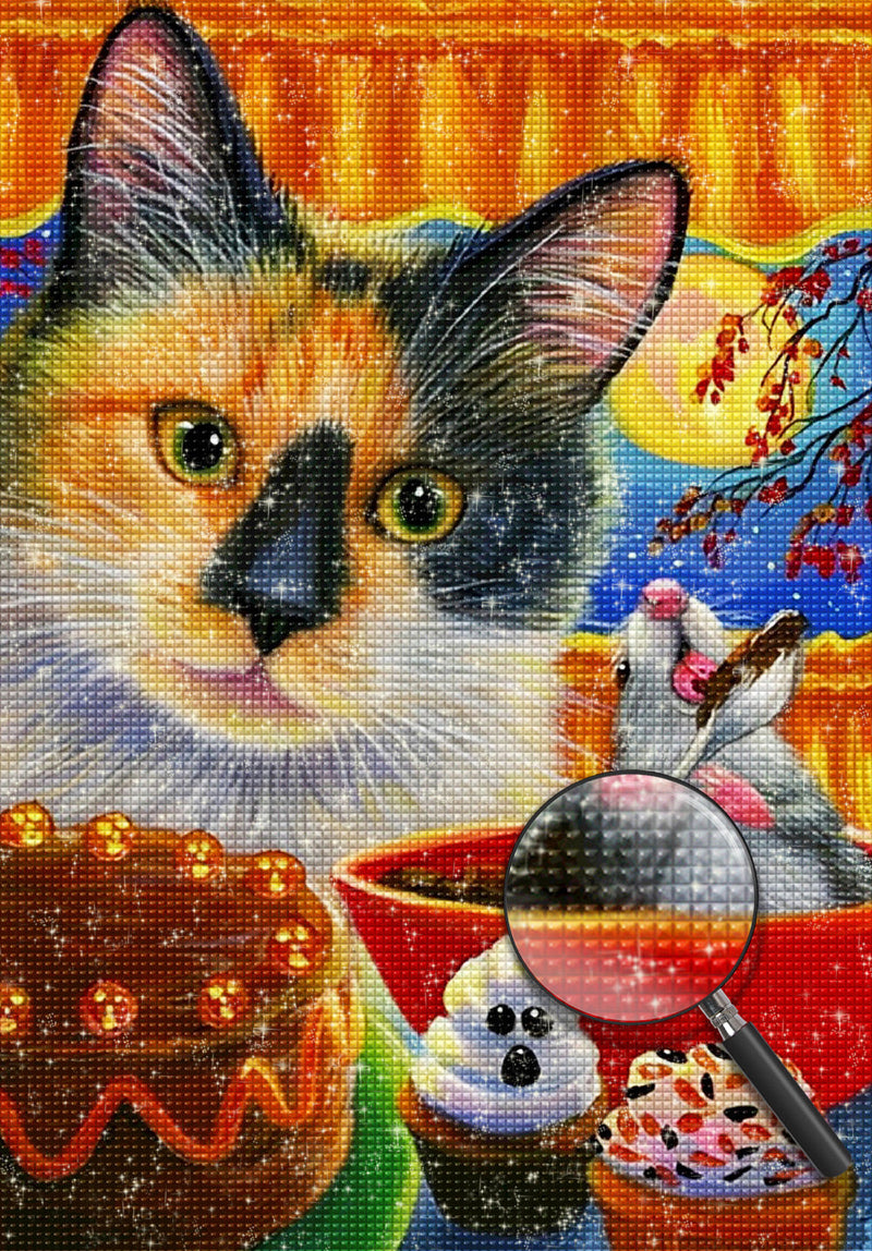 Chat et Souris Faisant des Desserts Broderie Diamant