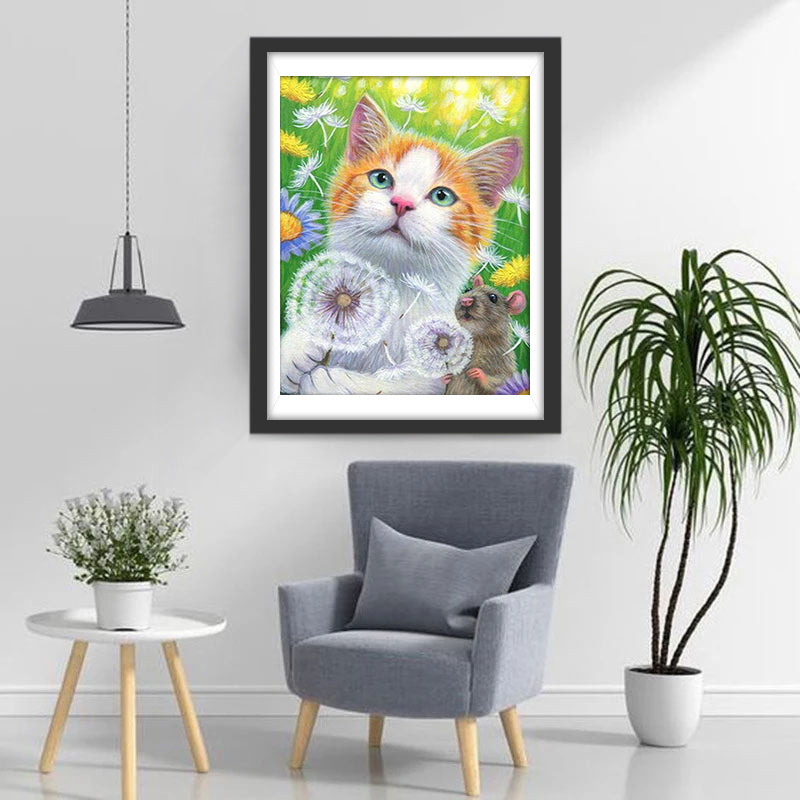 Chat et Souris Soufflant Pissenlits Broderie Diamant