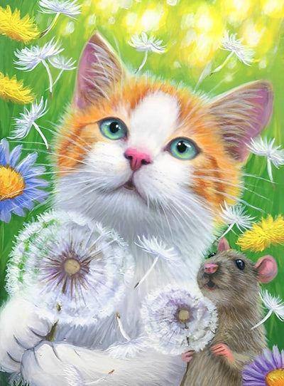 Chat et Souris Soufflant Pissenlits Broderie Diamant