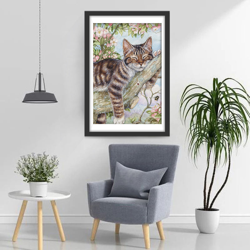 Chat Fainéant Dormant Sur la Branche Broderie Diamant