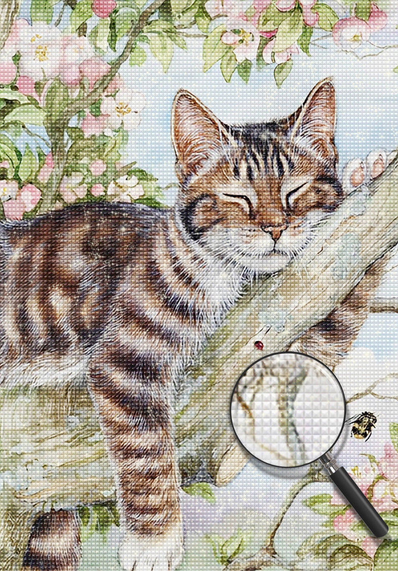 Chat Fainéant Dormant Sur la Branche Broderie Diamant