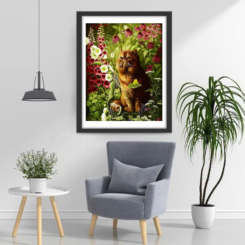 Chat Garfield au Milieu des Fleurs Broderie Diamant