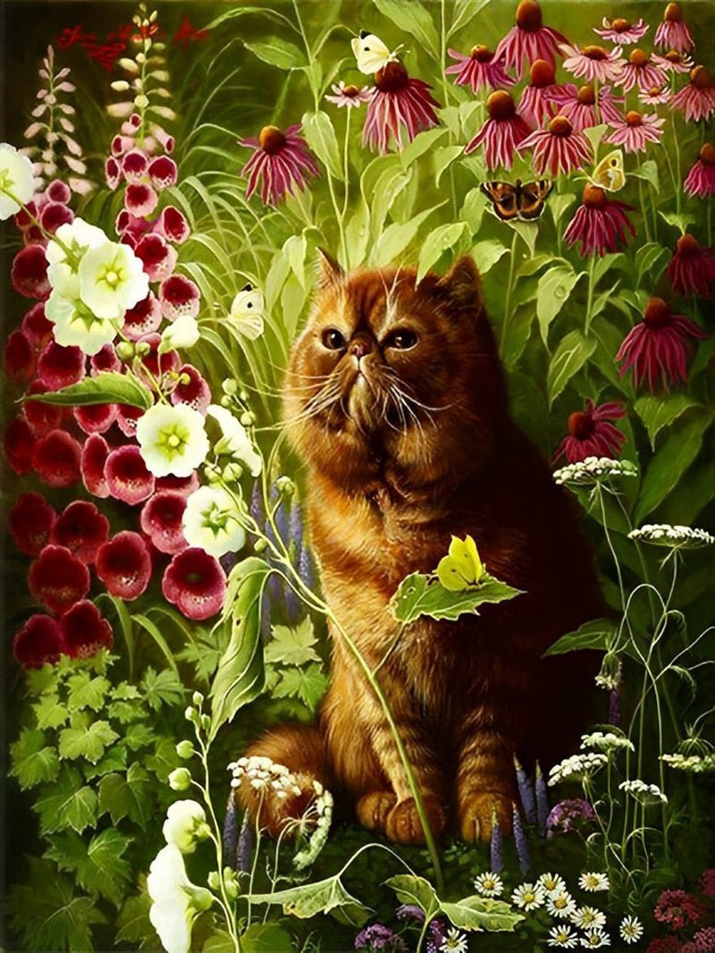 Chat Garfield au Milieu des Fleurs Broderie Diamant