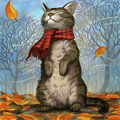 Chat Gris avec une Echarpe à Carreaux Rouges Broderie Diamant