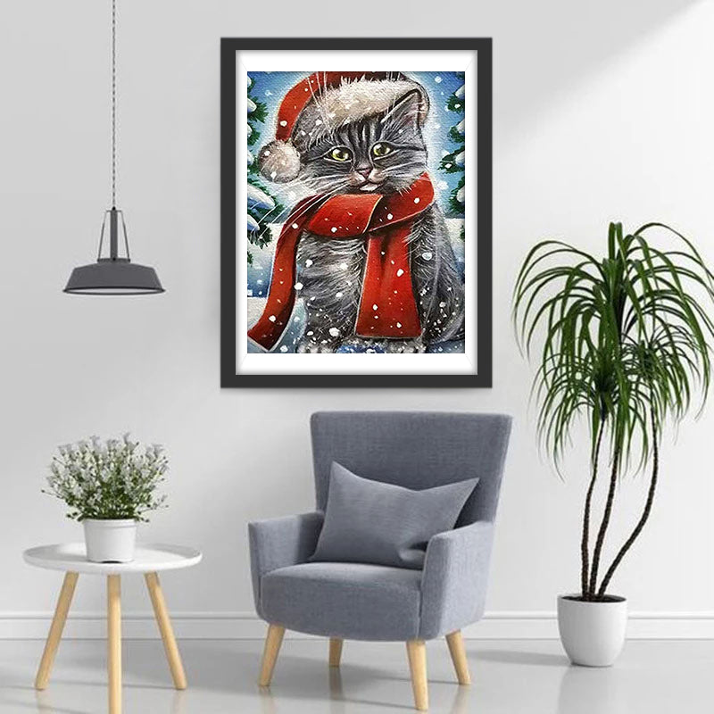 Chat Gris de Noël Broderie Diamant