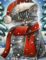 Chat Gris de Noël Broderie Diamant