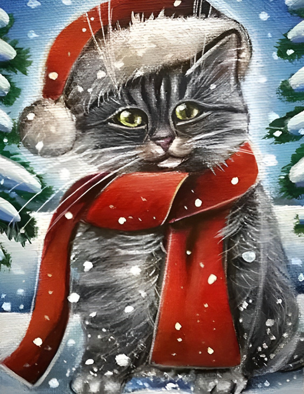 Chat Gris de Noël Broderie Diamant