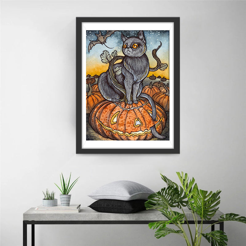 Chat Gris et Citrouille Broderie Diamant