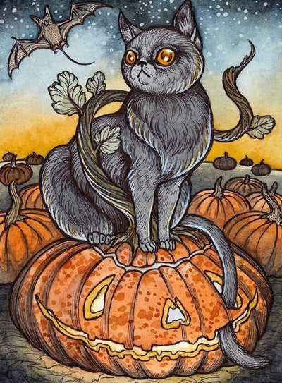 Chat Gris et Citrouille Broderie Diamant