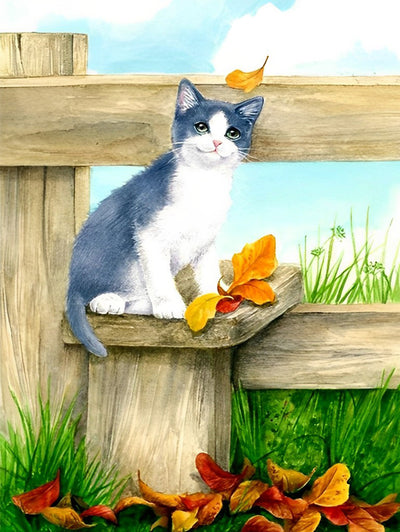 Chat Gris Sur la Clôture Broderie Diamant