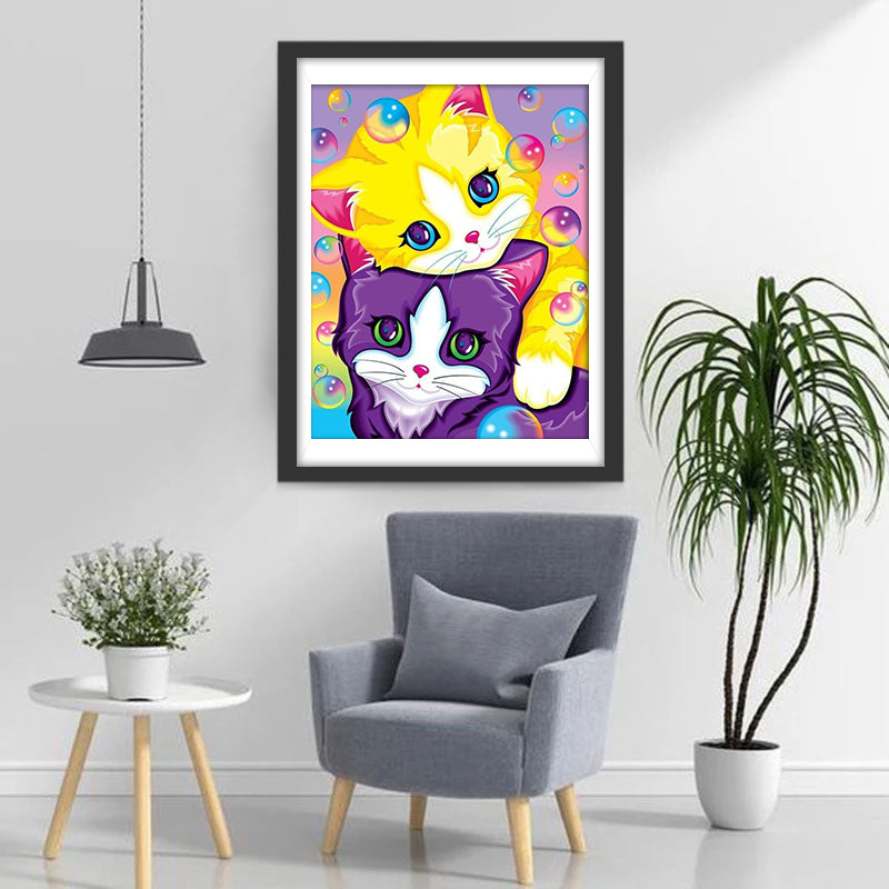 Chat Jaune et Chat Violet en Dessin Animé Broderie Diamant