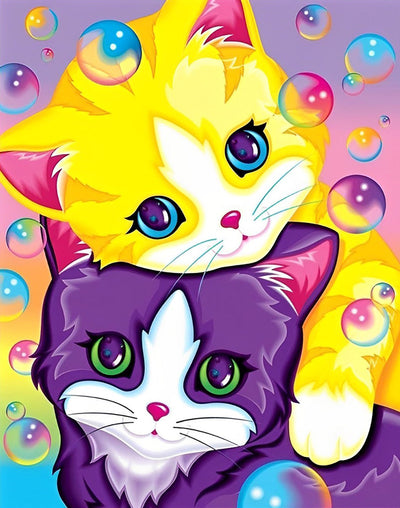Chat Jaune et Chat Violet en Dessin Animé Broderie Diamant