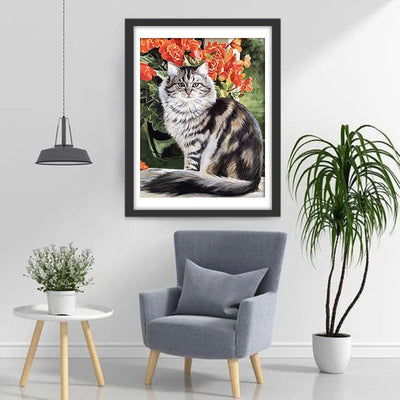 Chat Lion et Pivoines Rouges Broderie Diamant