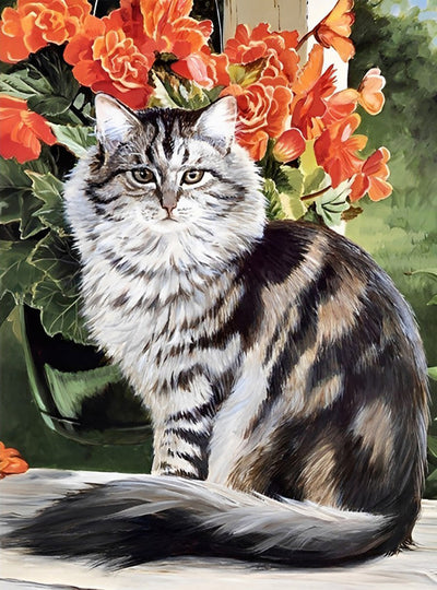 Chat Lion et Pivoines Rouges Broderie Diamant