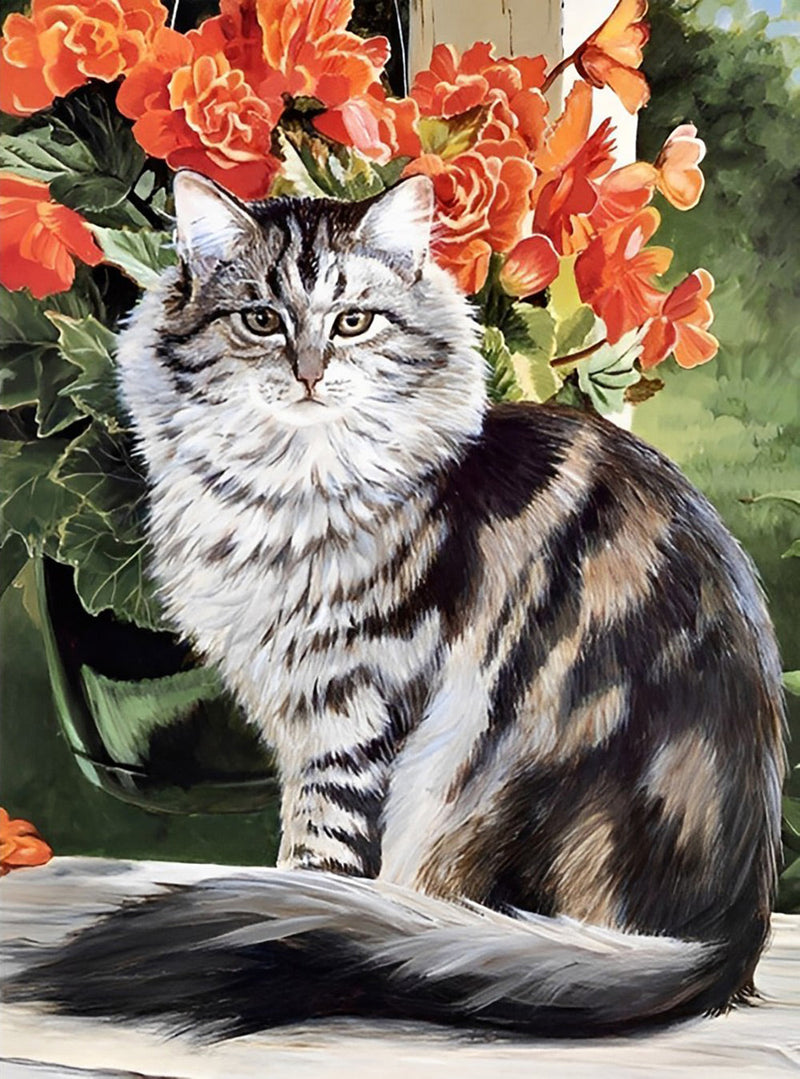 Chat Lion et Pivoines Rouges Broderie Diamant