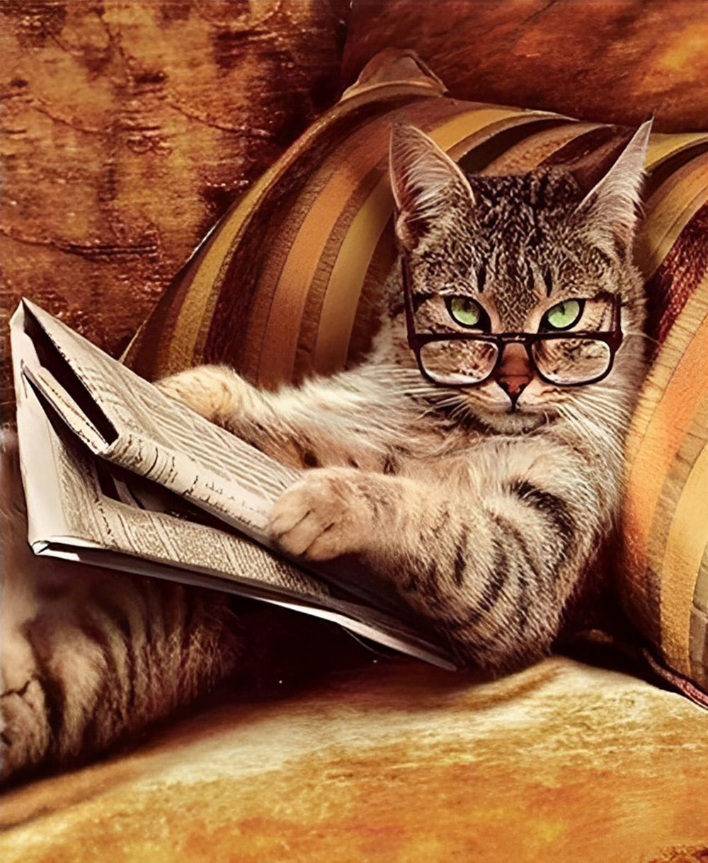 Chat Lit le Journal Broderie Diamant