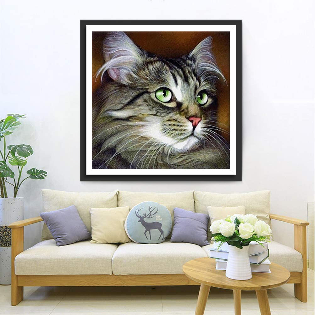 Chat Maine Coon Elégant aux Yeux Verts Broderie Diamant