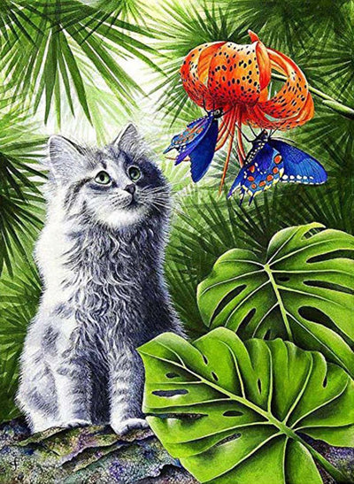 Chat Maine Coon et Fleur Rouge Broderie Diamant