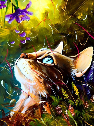 Chat Maine Coon et Petite Fleur Violette Broderie Diamant