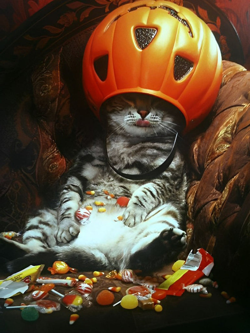 Chat Mangeant des Bonbons dans Ses Rêves Broderie Diamant
