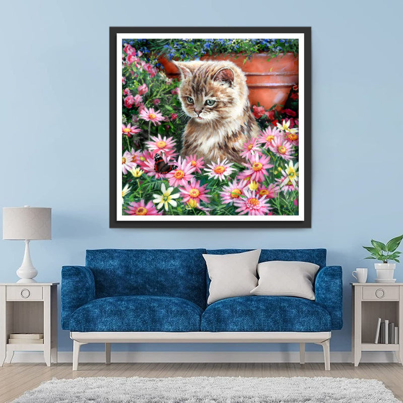 Chat Marron et les Pâquerettes Roses Broderie Diamant