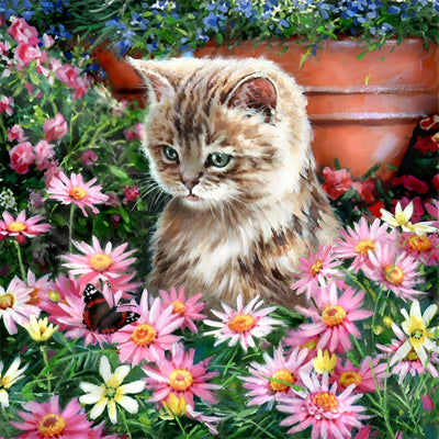Chat Marron et les Pâquerettes Roses Broderie Diamant