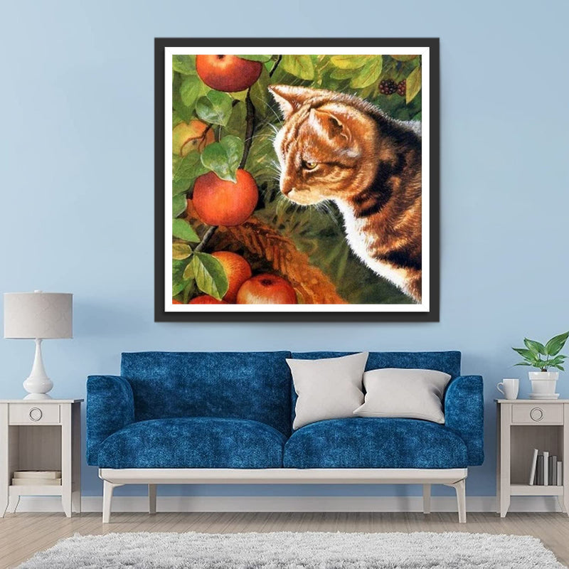 Chat Marron et Pommes Broderie Diamant