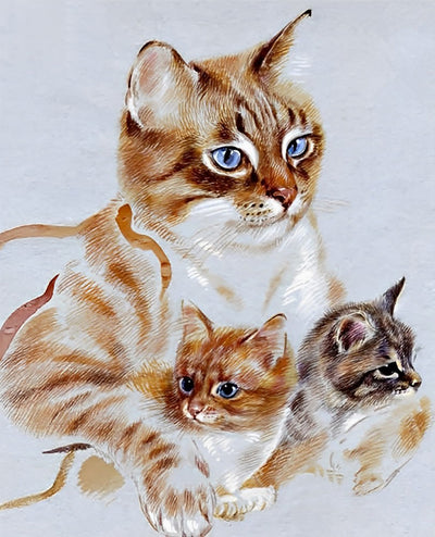 Chat Mère Orange et Ses Chatons Broderie Diamant