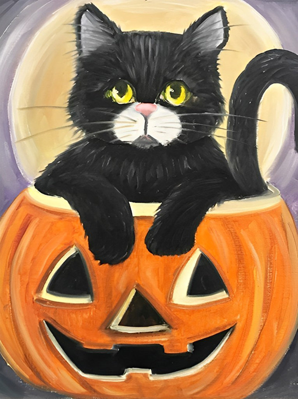 Chat Noir aux Yeux Jaunes dans la Citouille Broderie Diamant