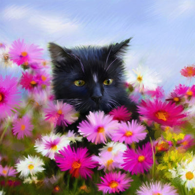 Chat Noir aux Yeux Jaunes et les Pâquerettes Roses Broderie Diamant